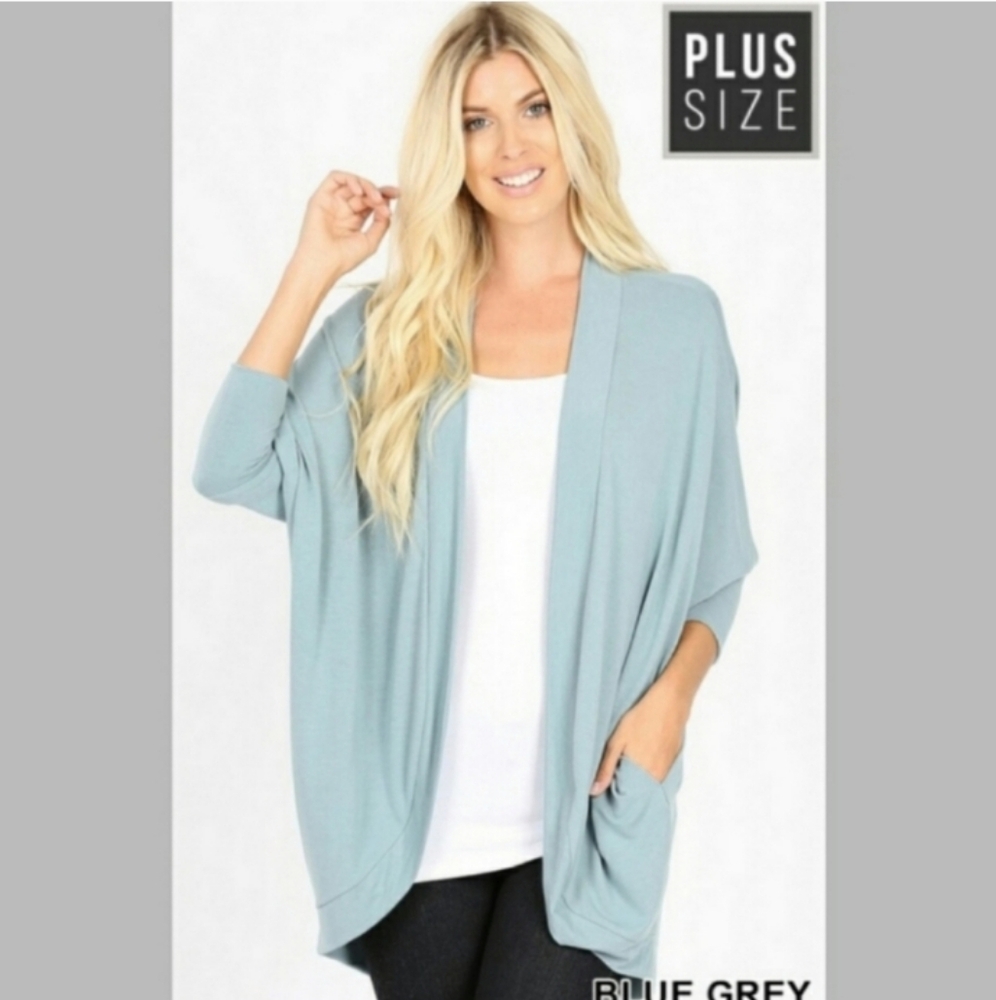 Zenana Outfitters Cocoon Wrap Open Cardigan Sweater Blue Gray 3X